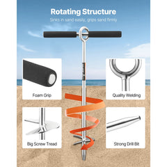VEVOR Sand Anchor, 18 in Stainless Steel Beach Anchor, Screw in Sand Boat Anchors with Spiral Blade, Shallow Water Boat