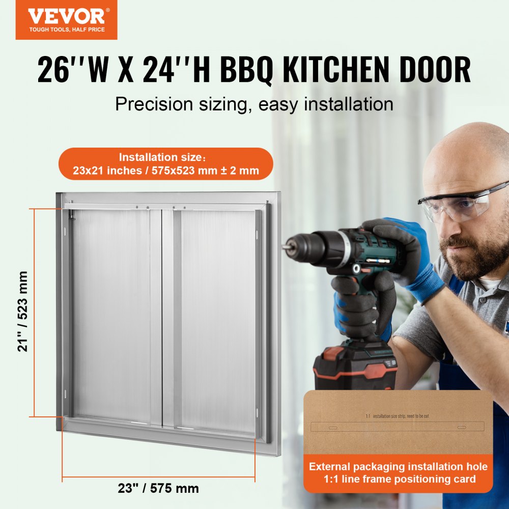 VEVOR BBQ Access Door, 26W x 24H Inch Double Outdoor Kitchen Door, Stainless Steel Flush Mount Door, Wall Vertical Door