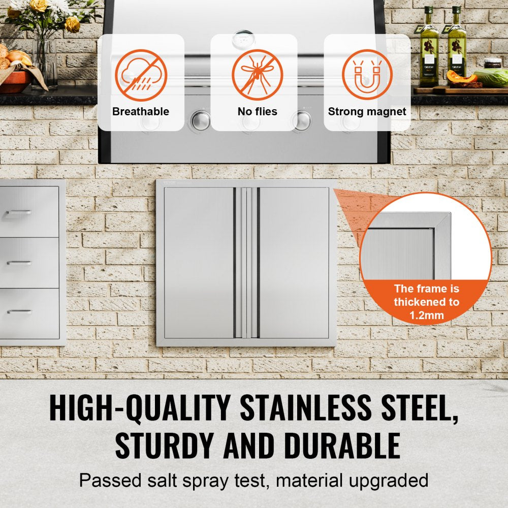 VEVOR BBQ Access Door, 26W x 24H Inch Double Outdoor Kitchen Door, Stainless Steel Flush Mount Door, Wall Vertical Door
