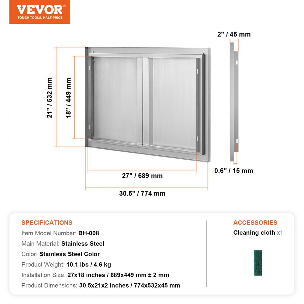VEVOR BBQ Access Door, 30W x 21H Inch Double Outdoor Kitchen Door, Stainless Steel Flush Mount Door, Wall Vertical Door