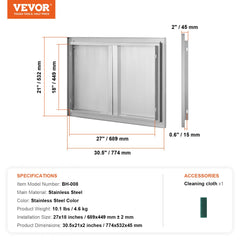 VEVOR BBQ Access Door, 30W x 21H Inch Double Outdoor Kitchen Door, Stainless Steel Flush Mount Door, Wall Vertical Door