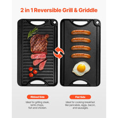 VEVOR Reversible Grill/Griddle, 14x8.5 inch Pre-Seasoned Cast Iron Griddle, Portable Rectangular Pan with Handle