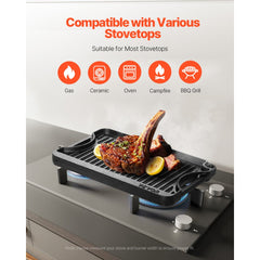 VEVOR Reversible Grill/Griddle, 14x8.5 inch Pre-Seasoned Cast Iron Griddle, Portable Rectangular Pan with Handle