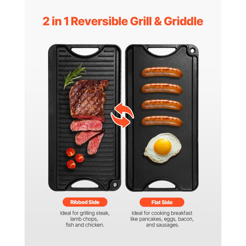 VEVOR Reversible Grill/Griddle, 20x10 inch Pre-Seasoned Cast Iron Griddle, Portable Rectangular Pan with Handle, Family