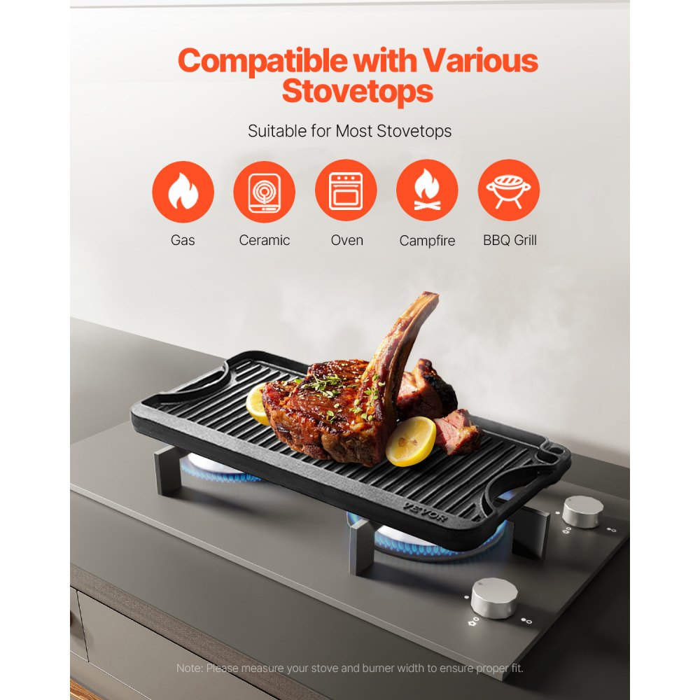 VEVOR Reversible Grill/Griddle, 20x10 inch Pre-Seasoned Cast Iron Griddle, Portable Rectangular Pan with Handle, Family