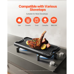 VEVOR Reversible Grill/Griddle, 20x10 inch Pre-Seasoned Cast Iron Griddle, Portable Rectangular Pan with Handle, Family
