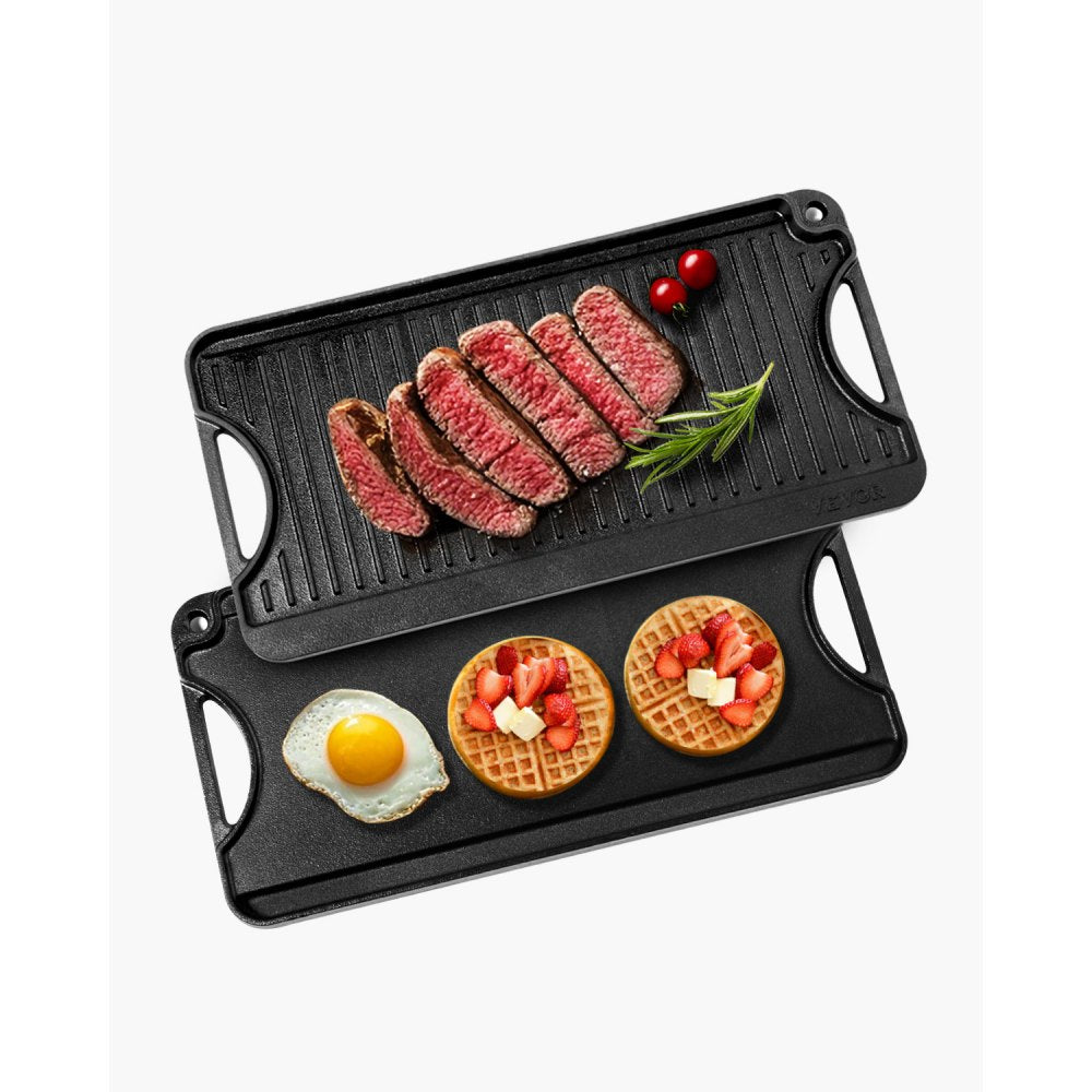 VEVOR Reversible Grill/Griddle, 20x10 inch Pre-Seasoned Cast Iron Griddle, Portable Rectangular Pan with Handle, Family