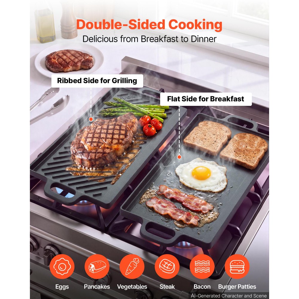 VEVOR Reversible Grill/Griddle 20x9 in Pre-Seasoned Cast Iron Pan Handle, for BBQ, Eggs, Pancakes, Burgers, Dual-Sided