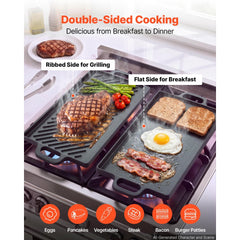 VEVOR Reversible Grill/Griddle 20x9 in Pre-Seasoned Cast Iron Pan Handle, for BBQ, Eggs, Pancakes, Burgers, Dual-Sided