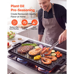 VEVOR Reversible Grill/Griddle 20x9 in Pre-Seasoned Cast Iron Pan Handle, for BBQ, Eggs, Pancakes, Burgers, Dual-Sided
