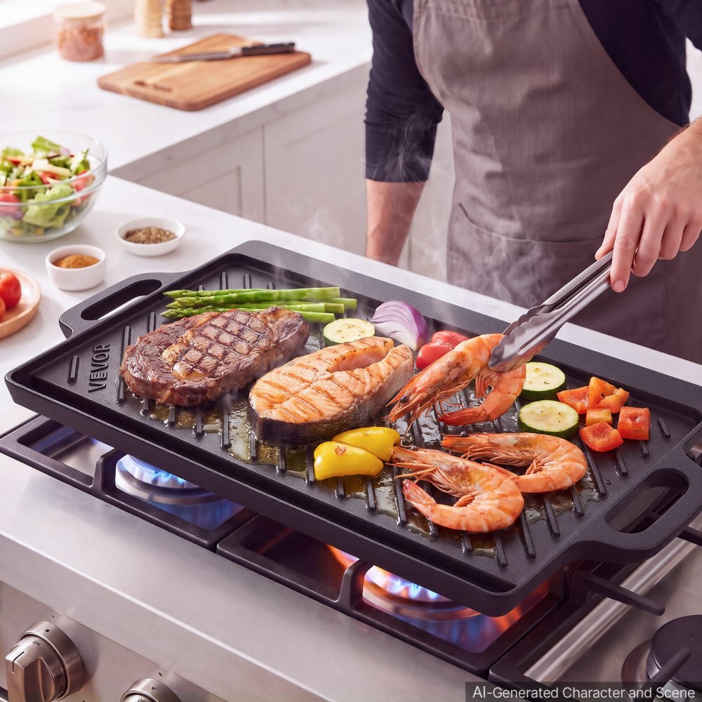 VEVOR Reversible Grill/Griddle 20x9 in Pre-Seasoned Cast Iron Pan Handle, for BBQ, Eggs, Pancakes, Burgers, Dual-Sided
