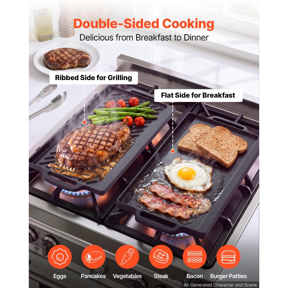 VEVOR Reversible Grill/Griddle 18x9 in Pre-Seasoned Cast Iron Pan Handle, for BBQ, Eggs, Pancakes, Burgers, Dual-Sided