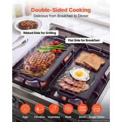 VEVOR Reversible Grill/Griddle 18x9 in Pre-Seasoned Cast Iron Pan Handle, for BBQ, Eggs, Pancakes, Burgers, Dual-Sided