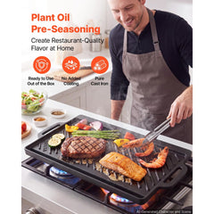 VEVOR Reversible Grill/Griddle 18x9 in Pre-Seasoned Cast Iron Pan Handle, for BBQ, Eggs, Pancakes, Burgers, Dual-Sided