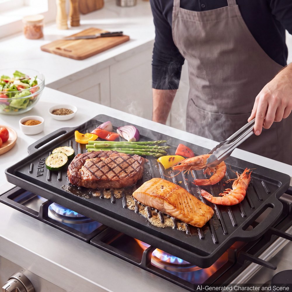 VEVOR Reversible Grill/Griddle 18x9 in Pre-Seasoned Cast Iron Pan Handle, for BBQ, Eggs, Pancakes, Burgers, Dual-Sided