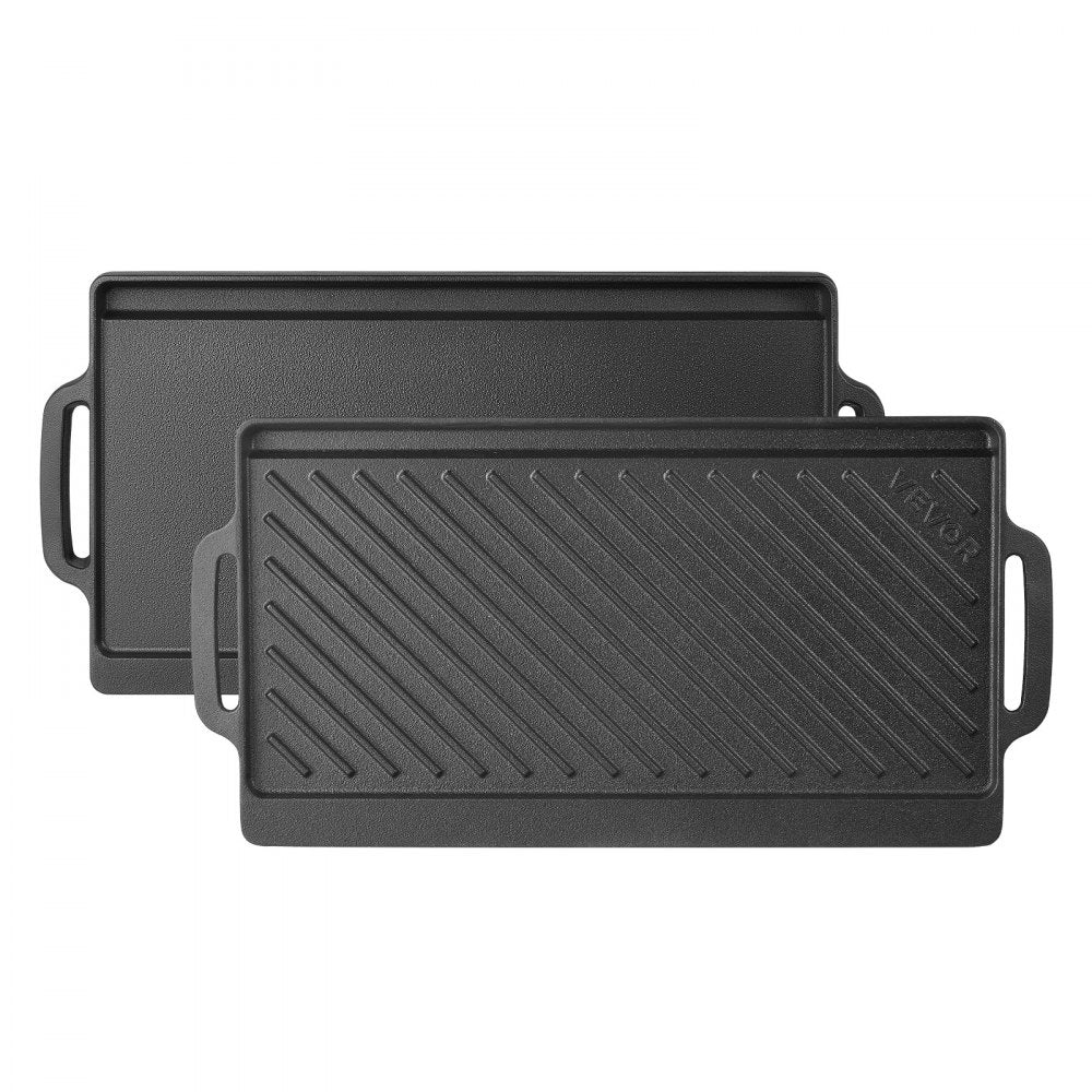 VEVOR Reversible Grill/Griddle 18x9 in Pre-Seasoned Cast Iron Pan Handle, for BBQ, Eggs, Pancakes, Burgers, Dual-Sided