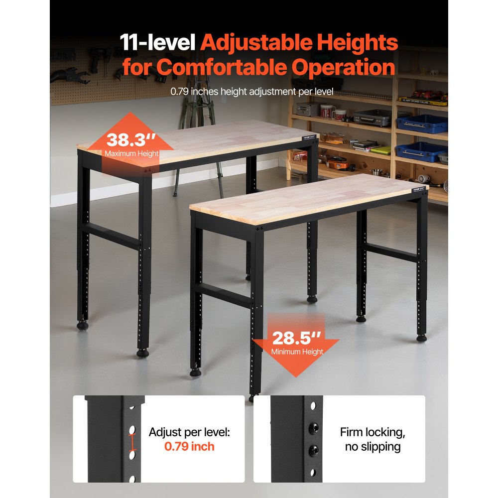 VEVOR Adjustable Workbench, 2000 lbs Capacity, 48 x 20-inch Heavy Duty Work Bench with 28.5-38.3 Inches Height