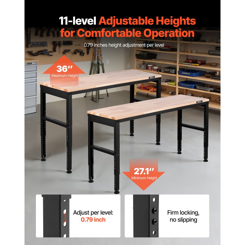 VEVOR Adjustable Workbench, 2000 lbs Capacity, 61 x 20-inch Heavy Duty Work Bench with 27.1-36 Inches Height