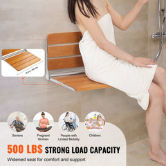 VEVOR Folding Teak Shower Seat, 20.9 x 16'' Unfolded, Wall Mounted Fold Up Shower Bench with 500 lbs Load Capacity