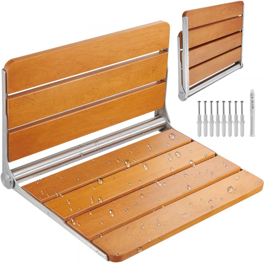 VEVOR Folding Teak Shower Seat, 20.9 x 16'' Unfolded, Wall Mounted Fold Up Shower Bench with 500 lbs Load Capacity