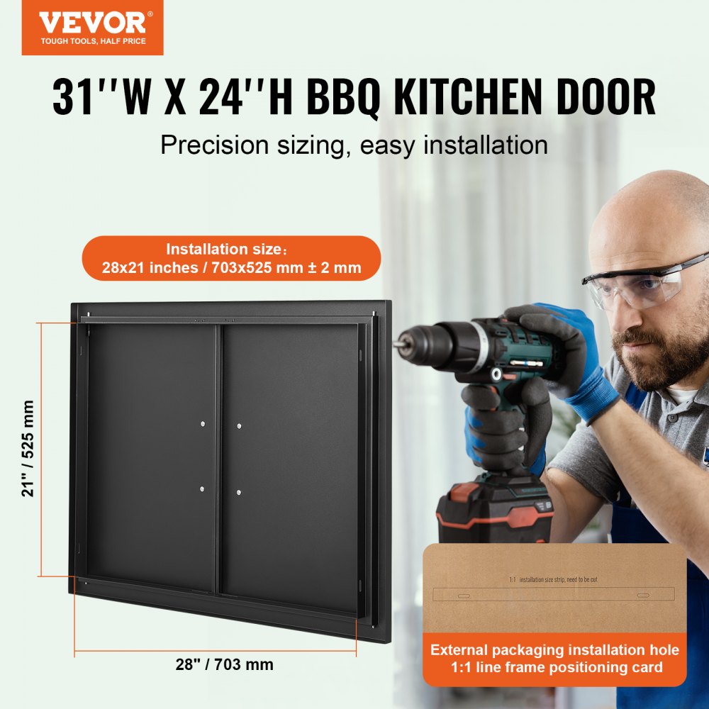 VEVOR BBQ Access Door, 31W x 24H Inch Double Outdoor Kitchen Door, Cold Plate Flush Mount Door, Wall Vertical Door with