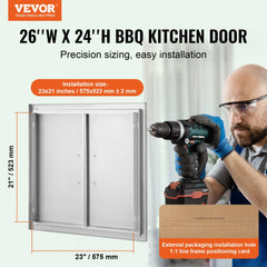 VEVOR BBQ Access Door, 26W x 24H Inch Double Outdoor Kitchen Door, Stainless Steel Flush Mount Door, Wall Vertical Door