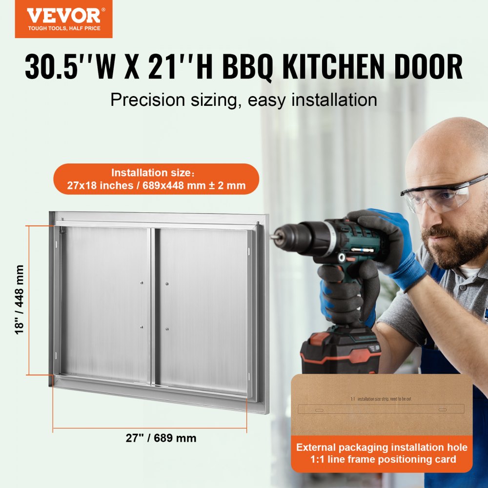 VEVOR BBQ Access Door, 30W x 21H Inch Double Outdoor Kitchen Door, Stainless Steel Flush Mount Door, Wall Vertical Door