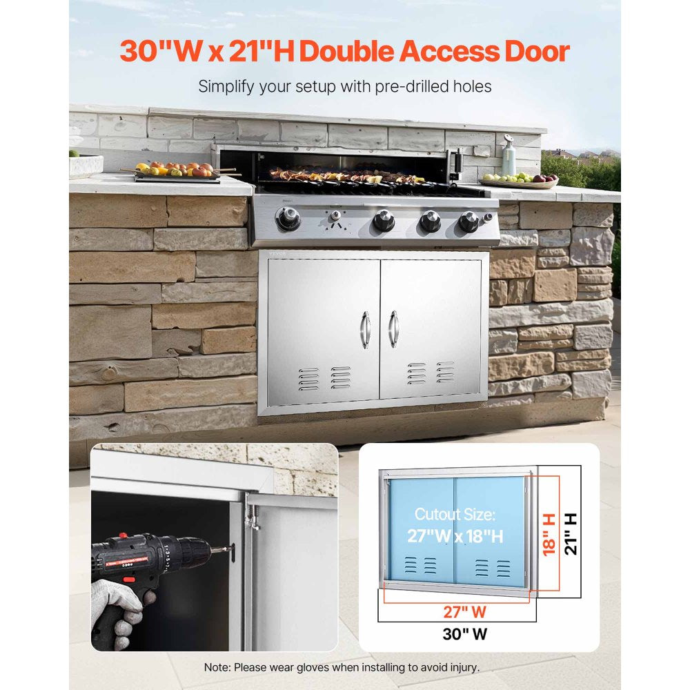 VEVOR BBQ Access Door, 30W x 21H Inch Double Outdoor Kitchen Door, Stainless Steel Flush Mount Door, Wall Vertical Door