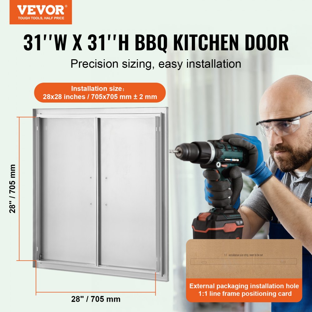 VEVOR BBQ Access Door, 31W x 31H Inch Double Outdoor Kitchen Door, Stainless Steel Flush Mount Door, Wall Vertical Door