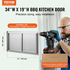 VEVOR BBQ Access Door, 34W x 19H Inch Double Outdoor Kitchen Door, Stainless Steel Flush Mount Door, Wall Vertical Door