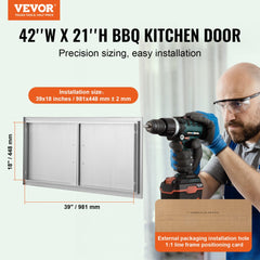 VEVOR BBQ Access Door, 42W x 21H Inch Double Outdoor Kitchen Door, Stainless Steel Flush Mount Door, Wall Vertical Door