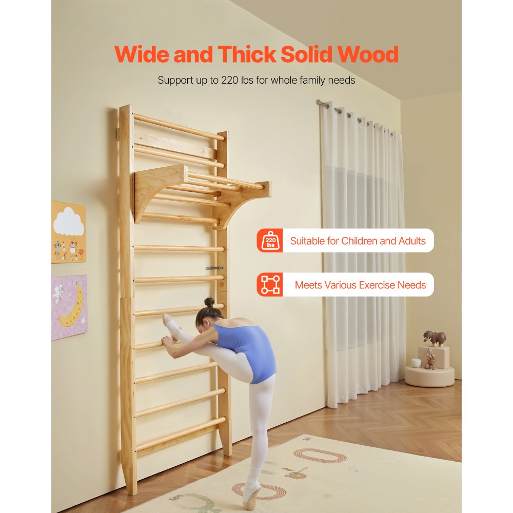 VEVOR Swedish Ladder Wall Gym, 10-Level Solid Wood Indoor Jungle Gym, 220lbs Loading Indoor Playground Climbing Ladder
