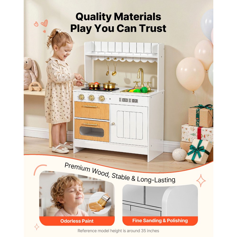 VEVOR Play Kitchen for Kids, Wooden, Kids Kitchen Playset with Real Lights & Sounds, Food & Cookware Accessories