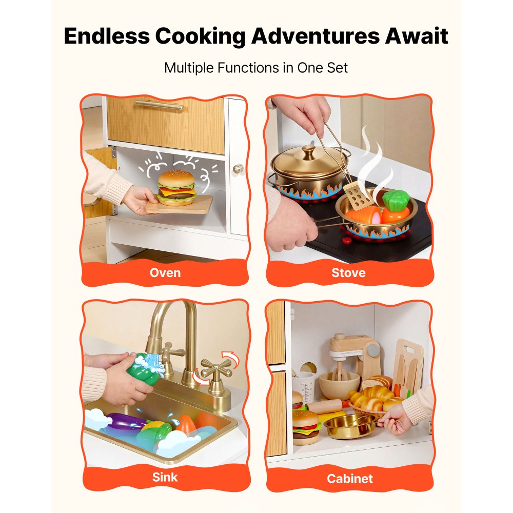 VEVOR Play Kitchen for Kids, Wooden, Kids Kitchen Playset with Real Lights & Sounds, Food & Cookware Accessories