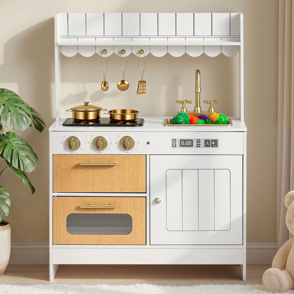 VEVOR Play Kitchen for Kids, Wooden, Kids Kitchen Playset with Real Lights & Sounds, Food & Cookware Accessories