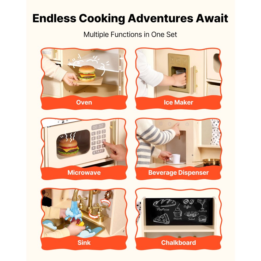 VEVOR Play Kitchen for Kids, Wooden, Kids Kitchen Playset with Realistic Lights & Sounds, Food & Cookware, Modern Style