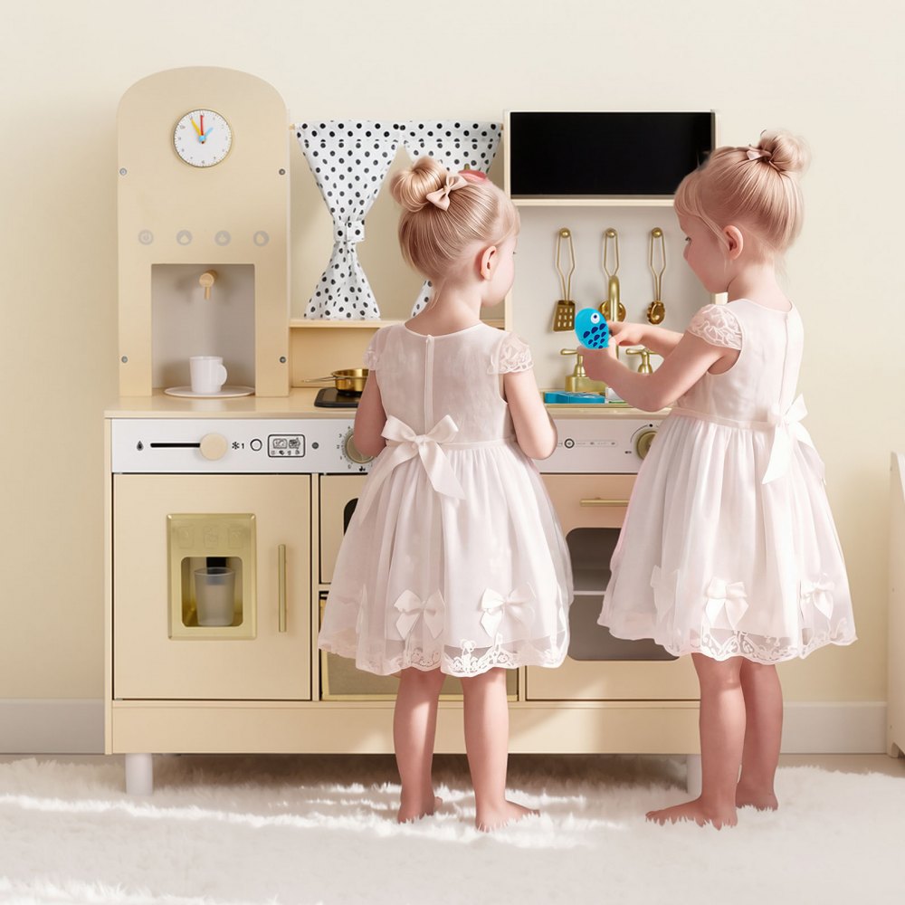 VEVOR Play Kitchen for Kids, Wooden, Kids Kitchen Playset with Realistic Lights & Sounds, Food & Cookware, Modern Style