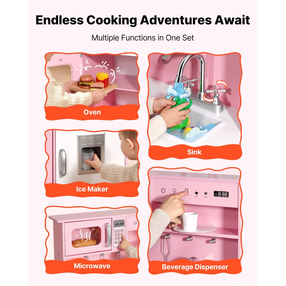 VEVOR Play Kitchen for Kids, Wooden, Kids Kitchen Playset with Real Lights & Sounds, Food & Cookware, Pretend Play Toy