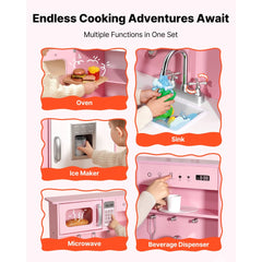 VEVOR Play Kitchen for Kids, Wooden, Kids Kitchen Playset with Real Lights & Sounds, Food & Cookware, Pretend Play Toy