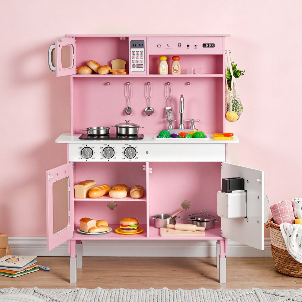 VEVOR Play Kitchen for Kids, Wooden, Kids Kitchen Playset with Real Lights & Sounds, Food & Cookware, Pretend Play Toy