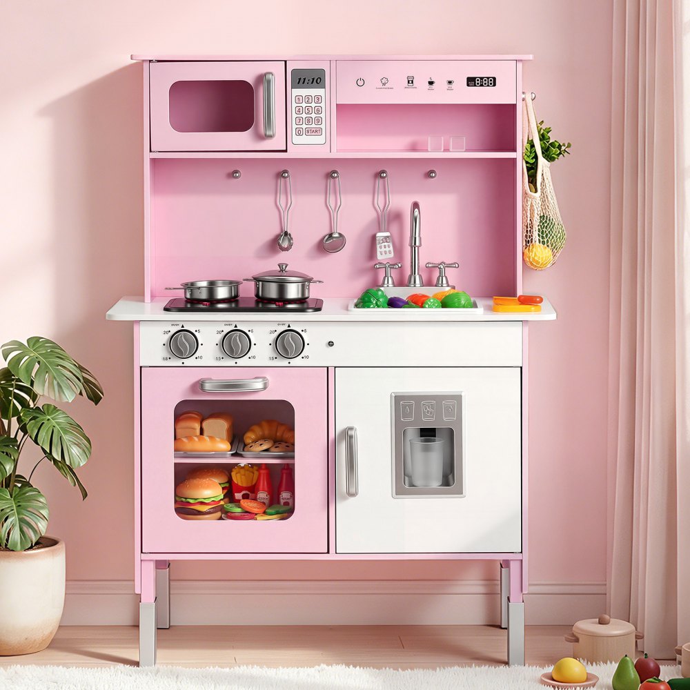 VEVOR Play Kitchen for Kids, Wooden, Kids Kitchen Playset with Real Lights & Sounds, Food & Cookware, Pretend Play Toy