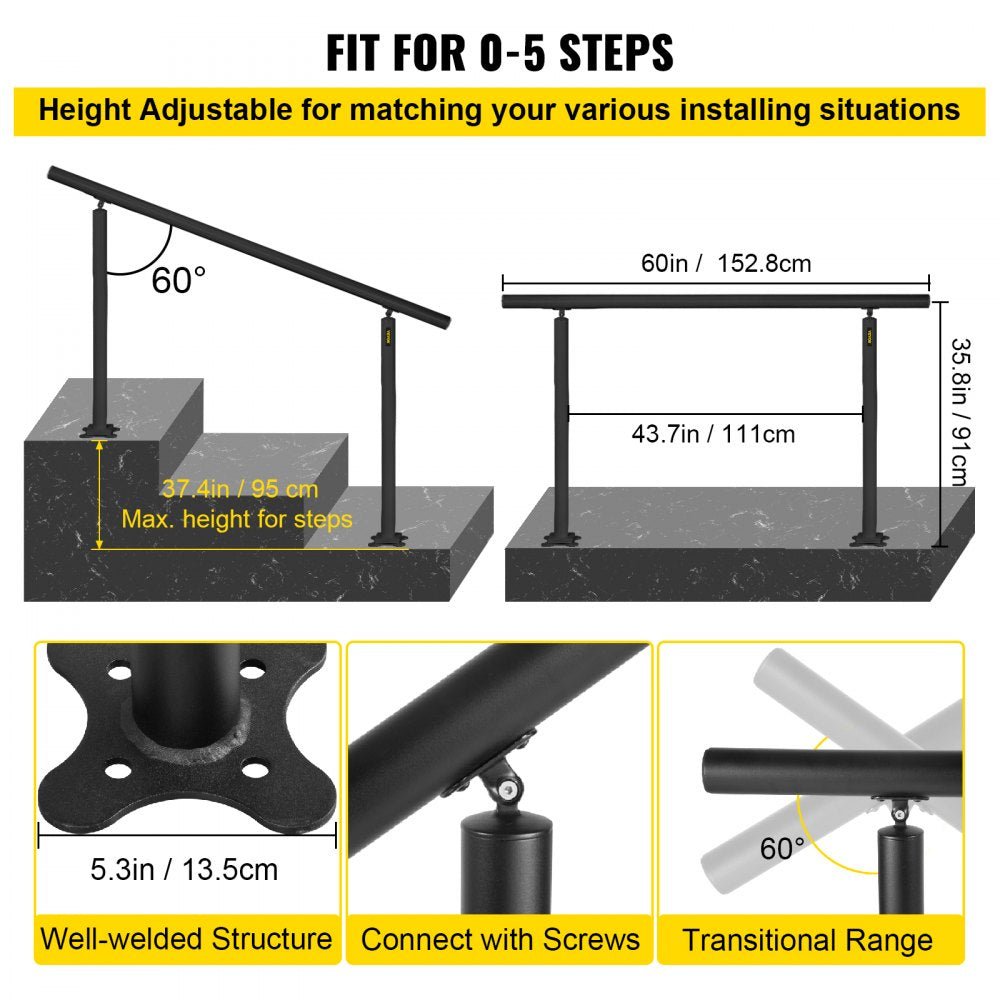 VEVOR Outdoor Stair Railing Kit, 5 FT Handrails 0-5 Steps, Adjustable Angle Black Aluminum Stair Hand Rail for The
