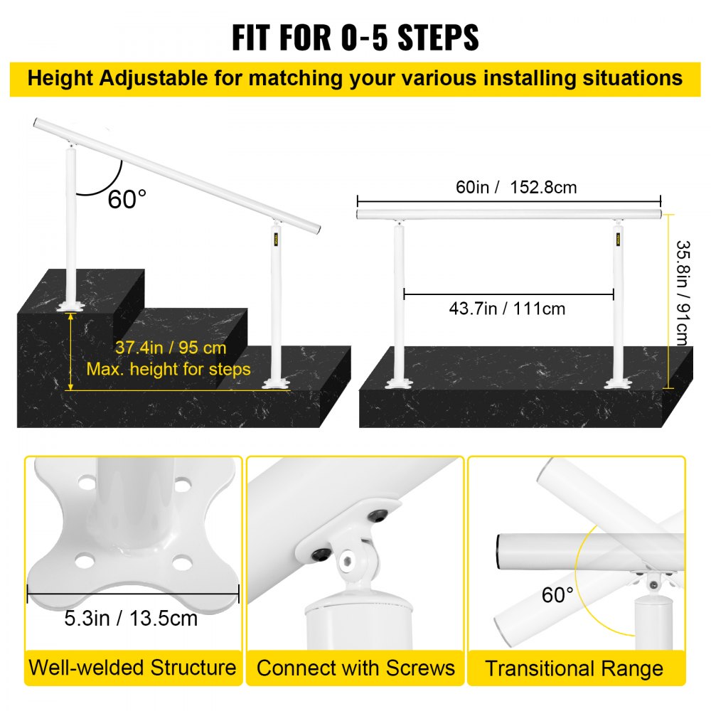 VEVOR Outdoor Stair Railing Kit, 5 FT Handrails 0-5 Steps, Adjustable Angle White Aluminum Stair Hand Rail for The