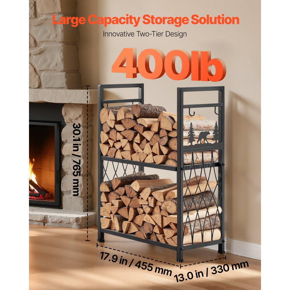 VEVOR Indoor Firewood Rack, 1.3 ft 2-Tier Firewood Holder with Fireplace Tools, Brush, Shovel, Poker, Tongs, Heavy Duty