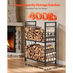 VEVOR Indoor Firewood Rack, 1.3 ft 2-Tier Firewood Holder with Fireplace Tools, Brush, Shovel, Poker, Tongs, Heavy Duty