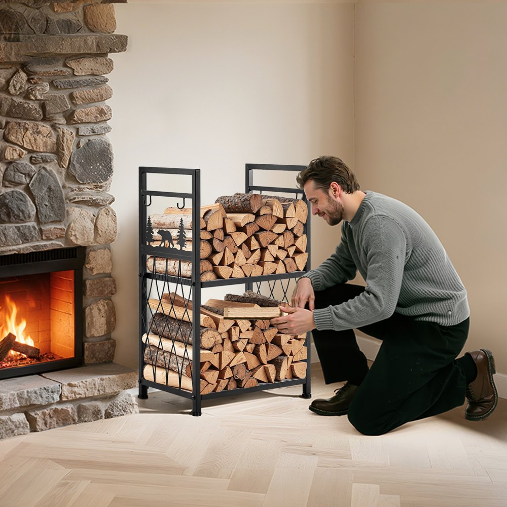 VEVOR Indoor Firewood Rack, 1.3 ft 2-Tier Firewood Holder with Fireplace Tools, Brush, Shovel, Poker, Tongs, Heavy Duty