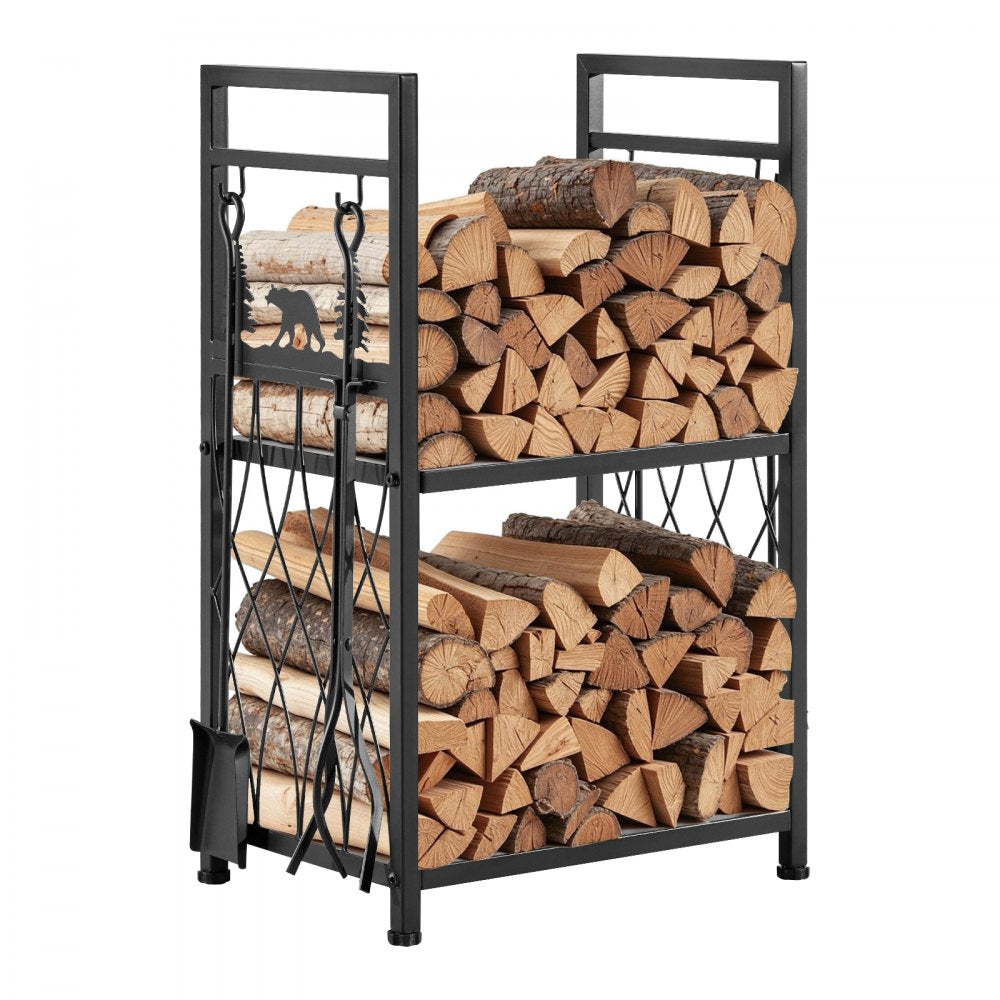 VEVOR Indoor Firewood Rack, 1.3 ft 2-Tier Firewood Holder with Fireplace Tools, Brush, Shovel, Poker, Tongs, Heavy Duty