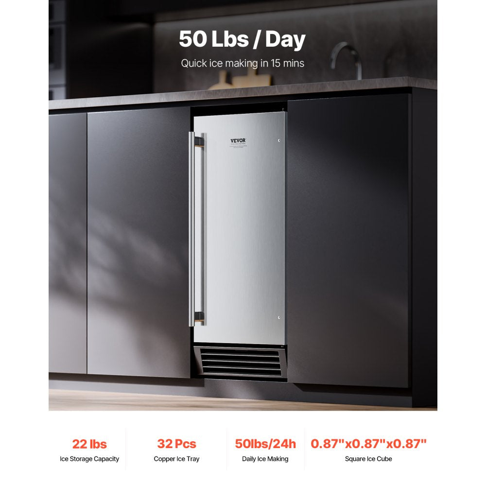 VEVOR Undercounter Built-in Ice Maker, 50 Lbs/Day Under Counter Ice Maker Machine with Drain Pump Reversible Door