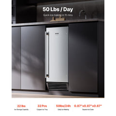 VEVOR Undercounter Built-in Ice Maker, 50 Lbs/Day Under Counter Ice Maker Machine with Drain Pump Reversible Door