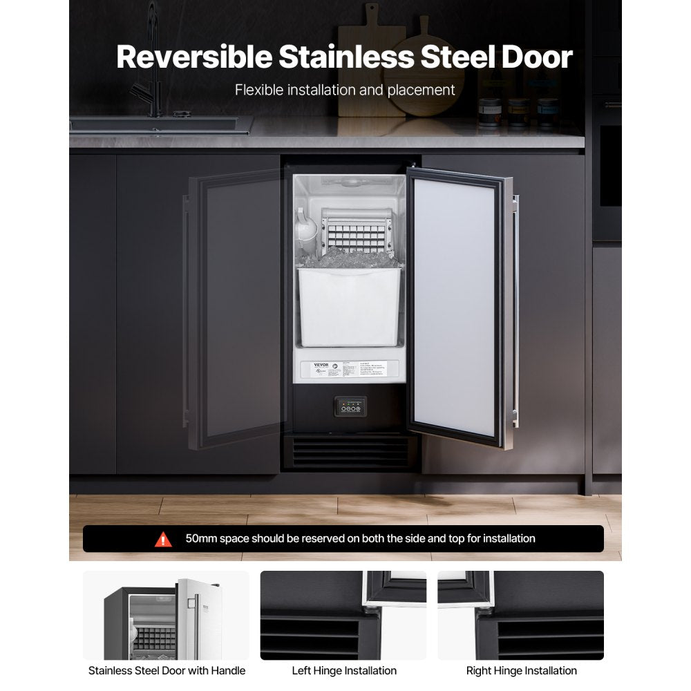 VEVOR Undercounter Built-in Ice Maker, 50 Lbs/Day Under Counter Ice Maker Machine with Drain Pump Reversible Door